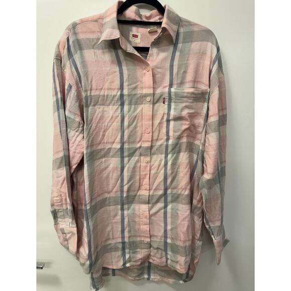 Levi's Woman's Size Small Super soft Pink Gray Flannel Oversized Long - Picture 1 of 5